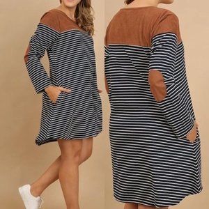 Umgee Striped Suede Elbow Patch Tunic Dress